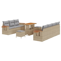 vidaXL 10 Delars Trädgårdsoffas Set med Dynor Beige Poly Rotting Akacia, vidaXL 3 Delars Trädgårdsserveringsset med Dynor Beige...