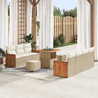 vidaXL 10-delad trädgårdsoffuppsättning med dynor i beige poly rattan akacia, vidaXL 2-sits trädgårdsoffa med dynor i beige pol...