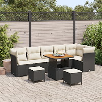 vidaXL 9-delars trädgårdsoffaset med kuddar svart poly rattan acacia, vidaXL 3-delars trädgårds matsalsset med kuddar svart pol...