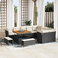 vidaXL 12 delad trädgårdsoffasett med kuddar svart poly rattan akaciaträ, vidaXL 3 delad trädgårdsdining-set med kuddar svart p...