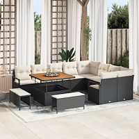 vidaXL 12 Piece Trädgårdsoffset med kuddar Svart Poly Rattan Akacia, vidaXL 2-sits trädgårdsoffa med förvaring & kuddar Svart P...