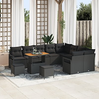 vidaXL 12-delad trädgårdsoffasett med kuddar svart poly rattan akacia, vidaXL 2-sits trädgårdsoffa med förvaring och kuddar sva...