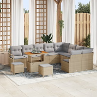 vidaXL 12-delat trädgårdsoff-set med kuddar beige poly rattan akacia, vidaXL 2-sits trädgårsoffa med förvaring & kuddar beige p...