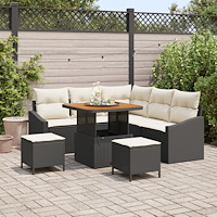 vidaXL 8 Delar Trädgårdsofa Set med Kuddar Svart Poly Rattan Akacia, vidaXL 2-Sits Trädgårdsoffa med Förvaring & Kuddar Svart P...