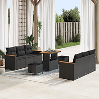 vidaXL 9 Delar Trädgårdsoffset med Kuddar Svart Poly Rattan Akacia, vidaXL 3 Delar Trädgårdsdining Set med Kuddar Svart Poly Ra...