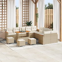 vidaXL 14 Delars Trädgårdsoffaset med Dynor Beige Poly Rattan Akacia, vidaXL 4 Delars Trädgårdmatgrupp med Dynor Beige Poly Rat...