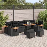 vidaXL 10-delars Trädgårdssoffa Set med Kuddar Svart Poly Rattan Akacia, vidaXL 3-delars Trädgårdsmatbord Set med Kuddar Svart...