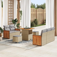 vidaXL 8 Delar Trädgårdsofa Set med Kuddar Beige Poly Rattan Akacia, vidaXL 3 Delar Trädgårds Matset med Kuddar Beige Poly Ratt...