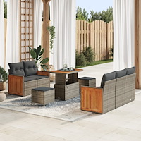 vidaXL 8 Delars Trädgårdsofa Set med Kuddar Grå Poly Rattan Akacia, vidaXL 3 Delars Trädgårdsmatbord Set med Kuddar Grå Poly Ra...