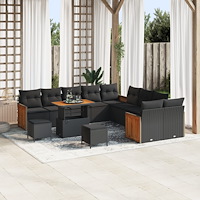 vidaXL 13-delars trädgårdssoffa set med kuddar svart poly rattan akacia, vidaXL 3-delars trädgårdsdining set med kuddar svart p...