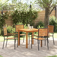 vidaXL 5-delars trädgårdsmöbler Svart Poly Rattan Akaciaträ, vidaXL Stapelbara stolar med kuddar 2-pack Svart Poly Rattan
