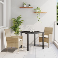 vidaXL 3-delat trädgårdsset med kuddar beige polyrotting, vidaXL Trädgårdsbord svart 80x80x73 cm härdat glas