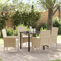 vidaXL 5-delat Trädgårdsmatsalsset med Kuddar Beige Poly Rattan, vidaXL Trädgårdsbord Svart 80x80x73 cm Härdat Glas