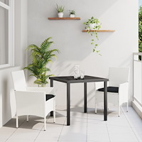 vidaXL 3 Delars Trädgårds Matset med Kuddar Vit Poly Rattan, vidaXL Trädgårdsbord Svart 80x80x73 cm Tempererat Glas