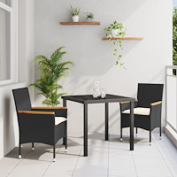 vidaXL 3-delat trädgårdsmatsalsset med kuddar Svart Poly Rattan