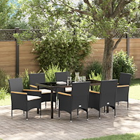 vidaXL 7-delad trädgårdsmöbel med kuddar svart poly rattan, vidaXL Trädgårdsbord svart 160x80x73 cm härdat glas
