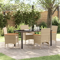 vidaXL 5-delat trädgårds matsals set med kuddar beige poly rattan, vidaXL Trädgårdsbord svart 160x80x73 cm härdat glas