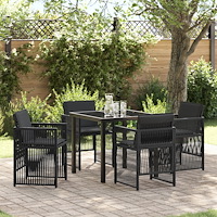 vidaXL 5-delad Trädgårds matgrupp med Kuddar Svart Poly Rattan, vidaXL Trädgårdsbord Svart 80x80x73 cm Tempererat Glas