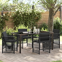 vidaXL 5-delad trädgårdsmatgrupp med kuddar Svart Poly Rattan, vidaXL Trädgårdsbord Svart 160x80x73 cm Härdat Glas