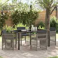 vidaXL 5-delad trädgårdsgrupp med kuddar Grå Poly Rattan, vidaXL Trädgårdsbord Svart 160x80x73 cm Härdat glas