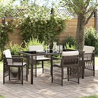 vidaXL 5-delat trädgårdsmöbelset med kuddar Brunt Poly Rattan, vidaXL Trädgårdsbord Svart 160x80x73 cm Tempererat glas