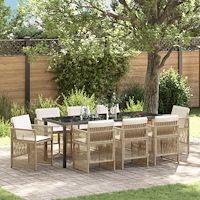 vidaXL 9-delars trädgårdsset med kuddar Beige poly rattan, vidaXL Trädgårdsbord svart 200x80x73 cm härdat glas