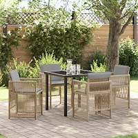 vidaXL 5-delat trädgårdsmöbelset med kuddar beige poly rattan, vidaXL Trädgårdsbord svart 80x80x73 cm härdat glas