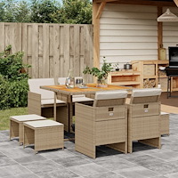 vidaXL Matgrupp för trädgården med dynor 9 delar beige konstrotting