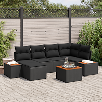 vidaXL 7-delars Trädgårdsoff Set med Kuddar Svart Poly Rattan Akacia
