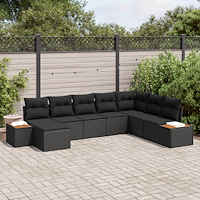 vidaXL 8-delad trädgårdsoffasett med kuddar svart poly-rattan akacia