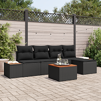vidaXL 6-delad trädgårdsoffa med kuddar, svart poly-rattan, akacia