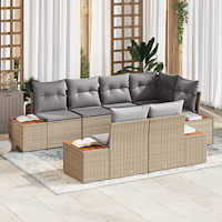 vidaXL 7-delars trädgårdsoffgrupp med kuddar i beige poly-rattan och akacia