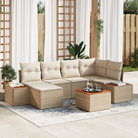 vidaXL 7-delars trädgårdsoffor med kuddar i beige poly-rattan och akacia