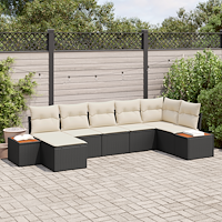 vidaXL 7-delars trädgårdssoff-set med kuddar i svart poly rattan och akacia.
