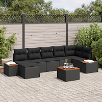 vidaXL 8-delad trädgårdsoffasett med kuddar Svart Poly Rattan Akacia