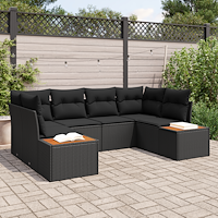 vidaXL 6-delars trädgårdsoffset med kuddar, svart poly rattan och akacia.