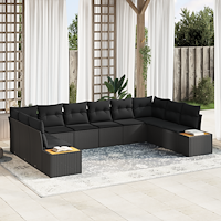 vidaXL 10-delars trädgårdsoff-set med kuddar svart poly rattan akacia