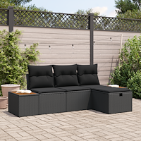 vidaXL 4-delars trädgårdsoffaset med kuddar, svart poly rattan.