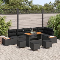 vidaXL 10 delar trädgårdsoffasett med kuddar svart poly rattan akacia