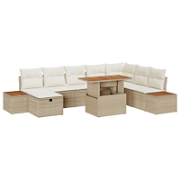 vidaXL 9-delars trädgårdsmöbelset med kuddar i beige poly rattan och akacia.