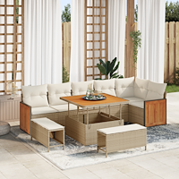 vidaXL 9-delad Trädgårdsoff Grupp med Kuddar Beige Poly Rattan Akacia