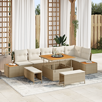 vidaXL 9 Delars Trädgårdsoff set med kuddar Beige Poly Rattan Akacia