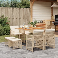 vidaXL Matgrupp för trädgården med dynor 9 delar beige konstrotting