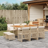 vidaXL Matgrupp för trädgården med dynor 11 delar beige konstrotting
