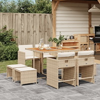 vidaXL Matgrupp för trädgården med dynor 9 delar beige konstrotting