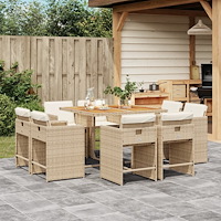vidaXL Matgrupp för trädgården med dynor 9 delar beige konstrotting