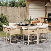 vidaXL Matgrupp för trädgården med dynor 9 delar beige konstrotting