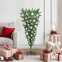 vidaXL Upp-och-ned konstgjort förbelyst julgran med bollar Grön 120 cm