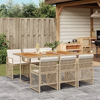 vidaXL Matgrupp för trädgården med dynor 7 delar beige konstrotting