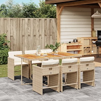 vidaXL Matgrupp för trädgården med dynor 7 delar beige konstrotting
